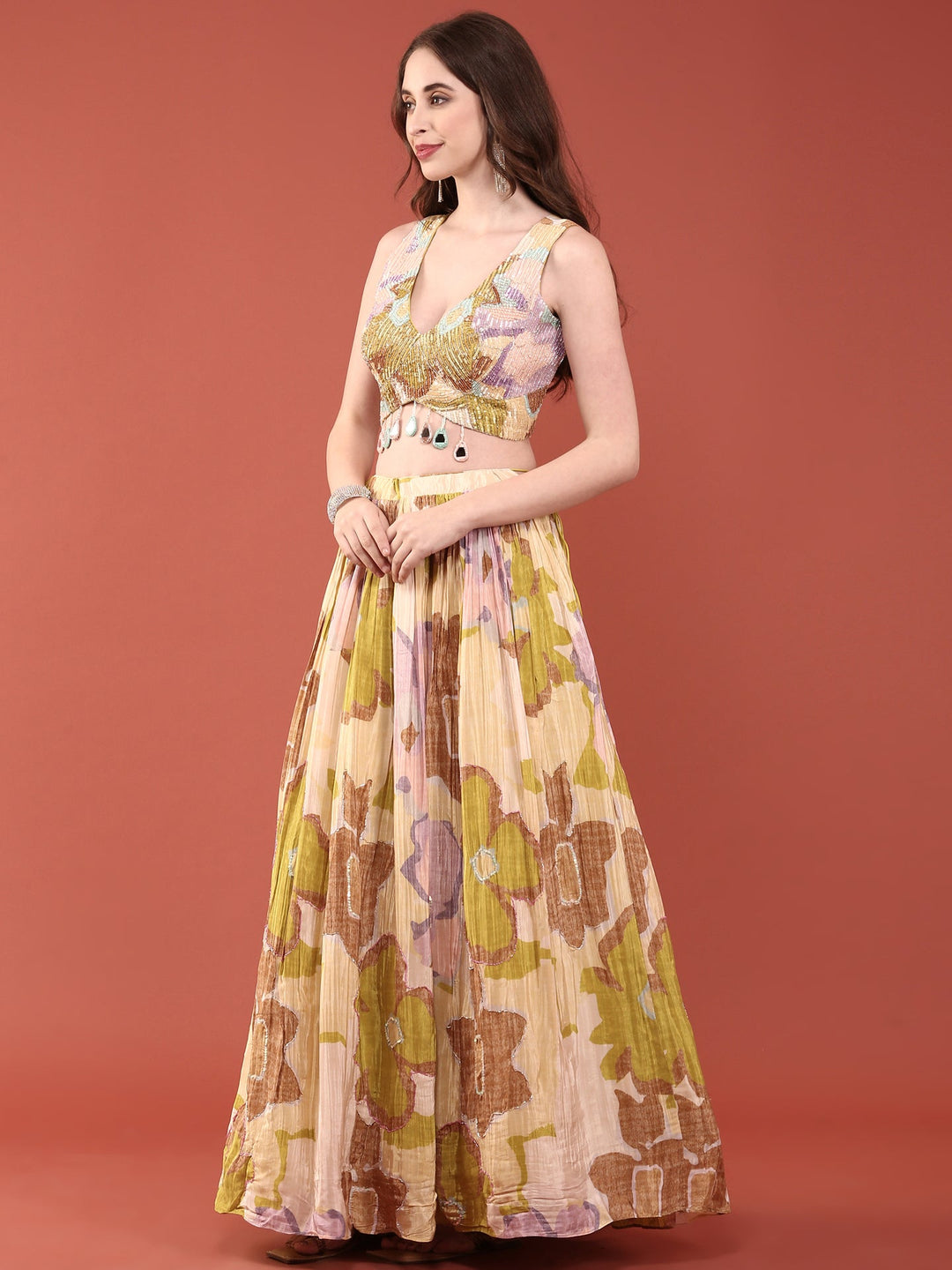 Neerus Green Chinon Embellished Lehenga Set - side view