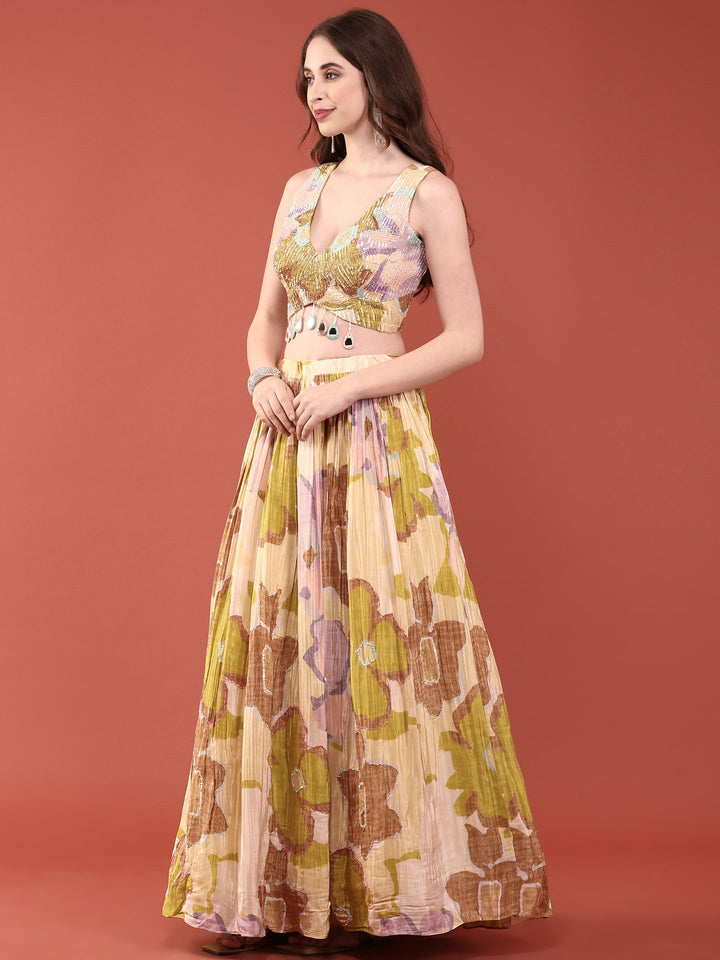 Neerus Green Chinon Embellished Lehenga Set - side view