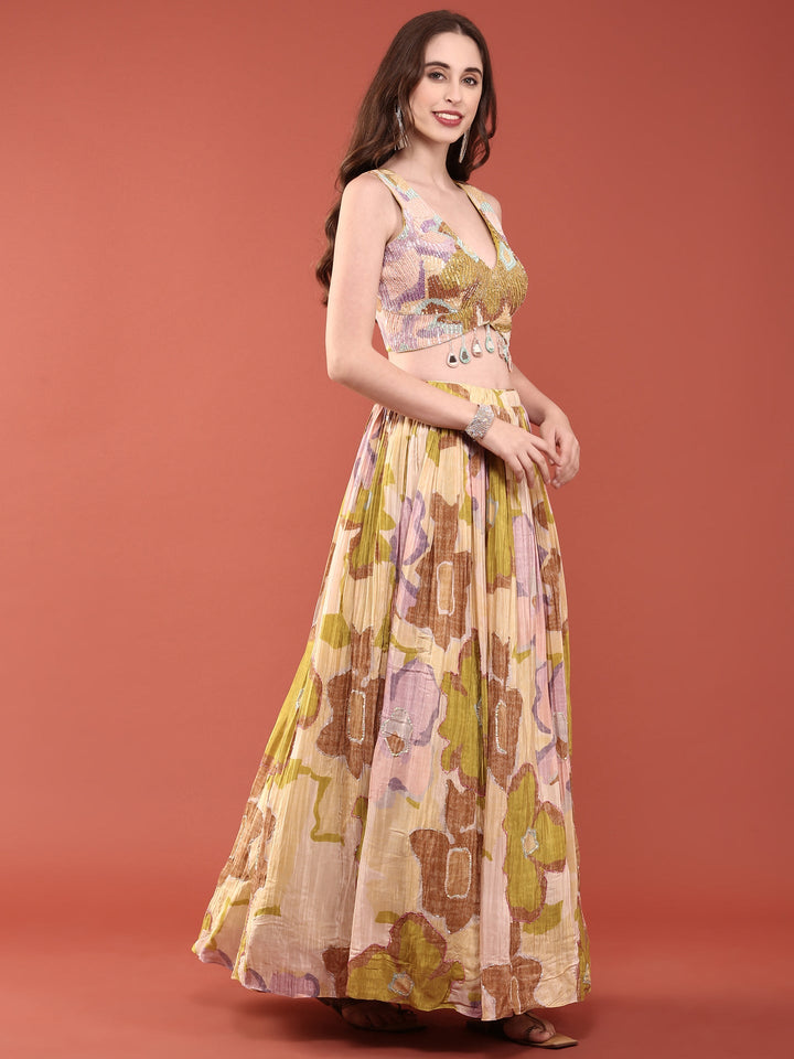 Variyali Green Chinnon Heavy Sequins Ghagra Set