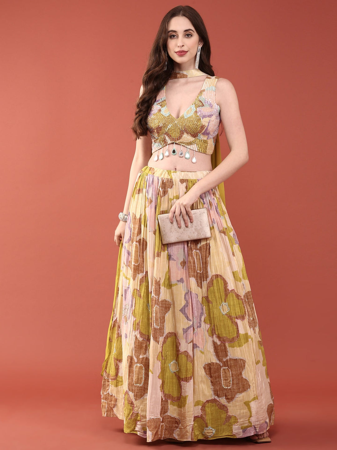 Neerus Green Chinon Embellished Lehenga Set - front view