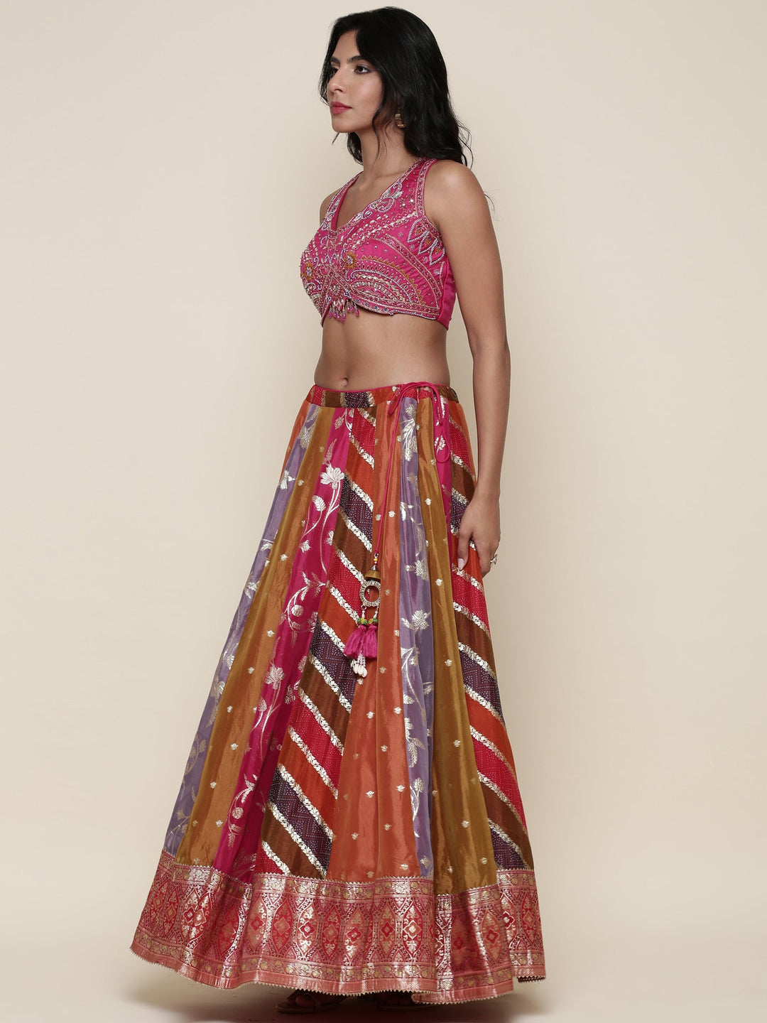 Neerus Multi organza embroidered lehenga set - side view