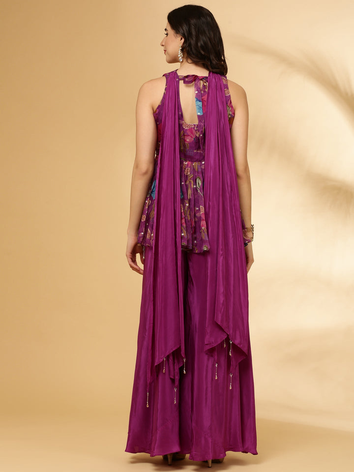 Neerus Purple organza printed suit set - detail view 1