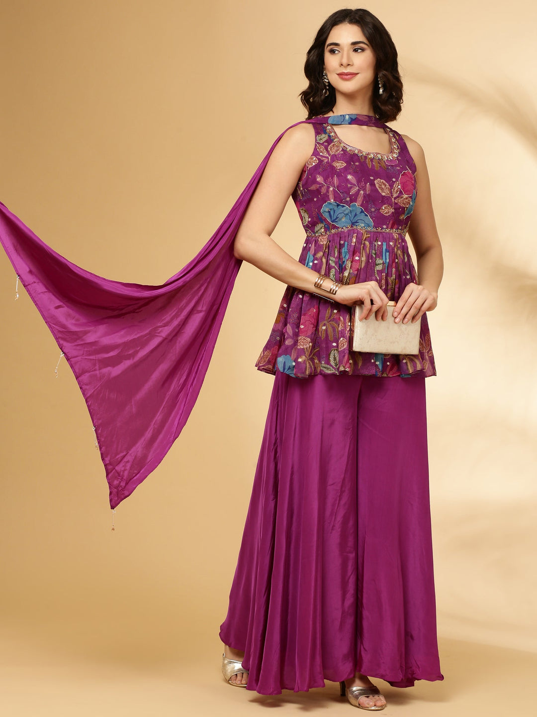 Neerus Purple organza printed suit set - side view