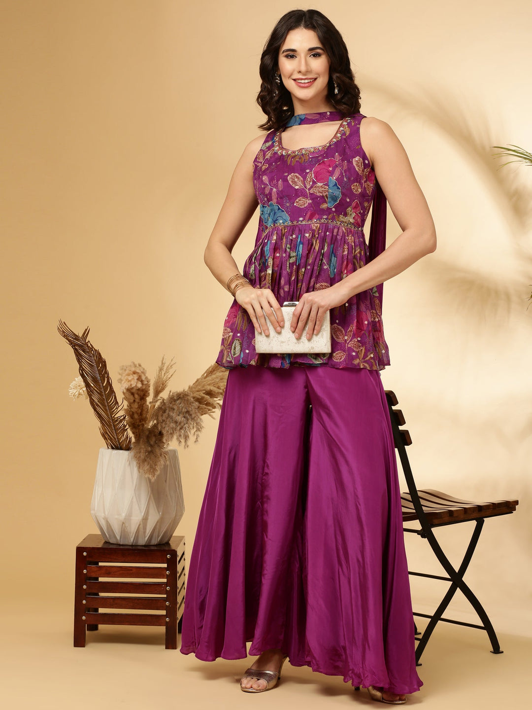 Neerus Purple organza printed suit set - front view