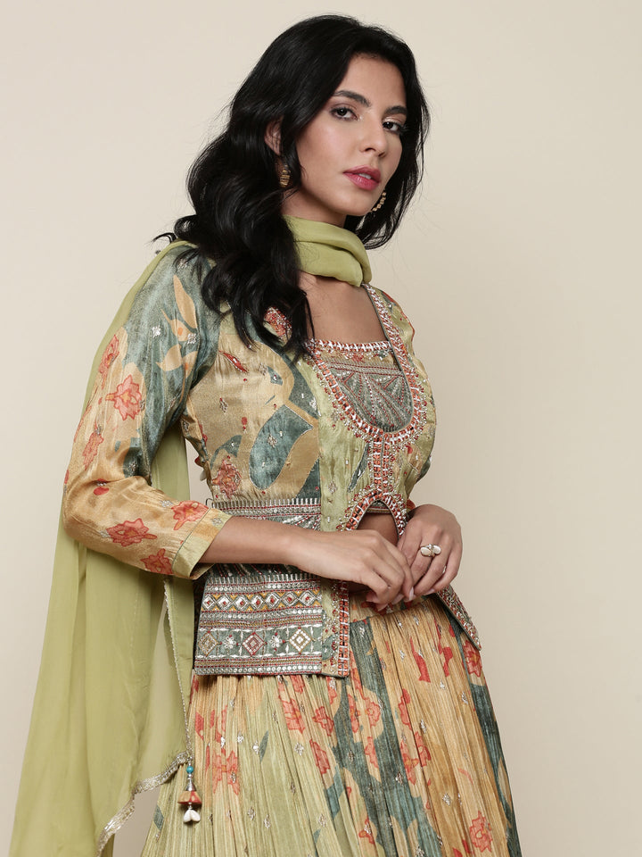 Neerus Green tissue embroidered lehenga jacket set - detail view 2