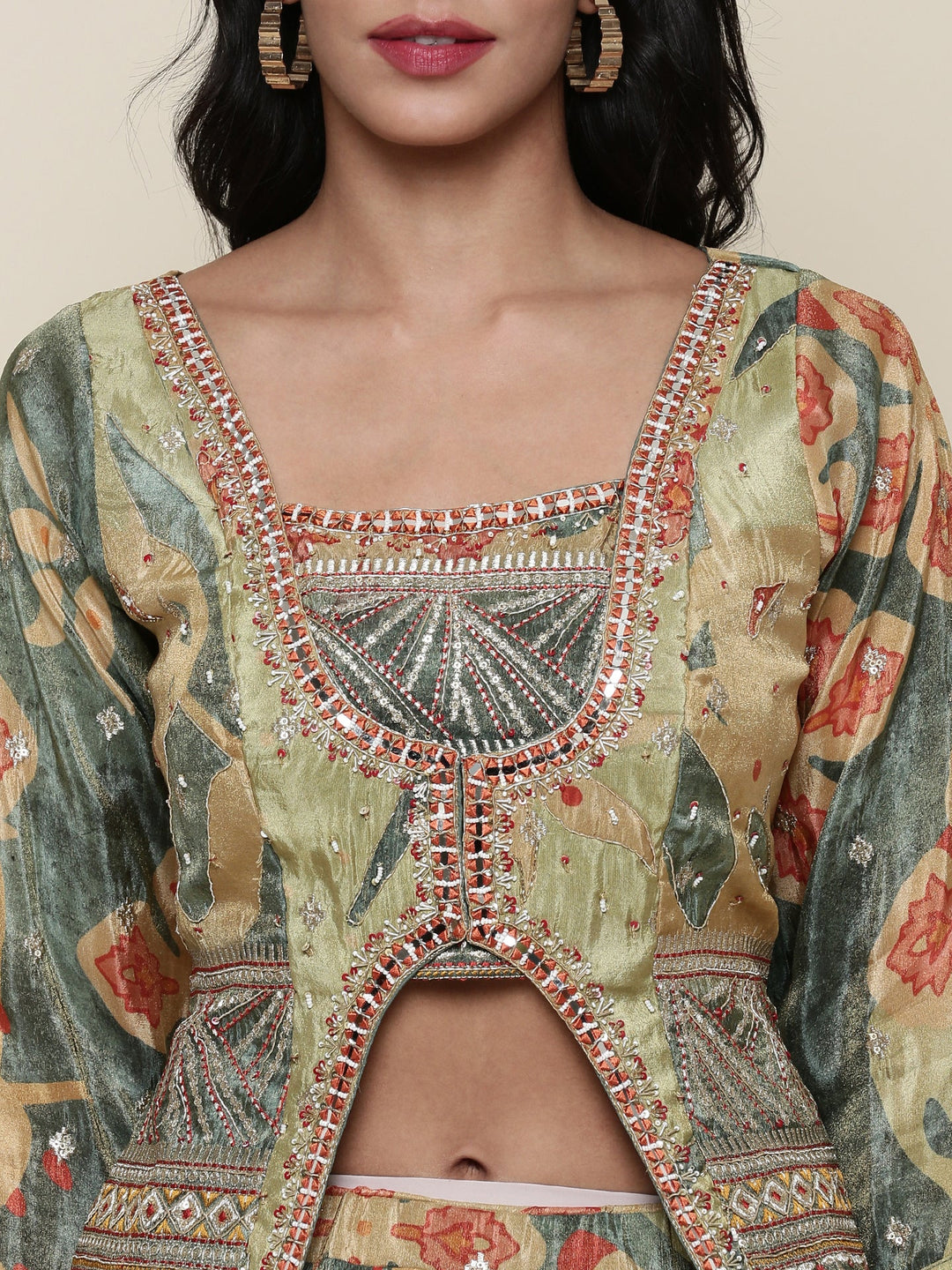 Neerus Green tissue embroidered lehenga jacket set - detail view 1