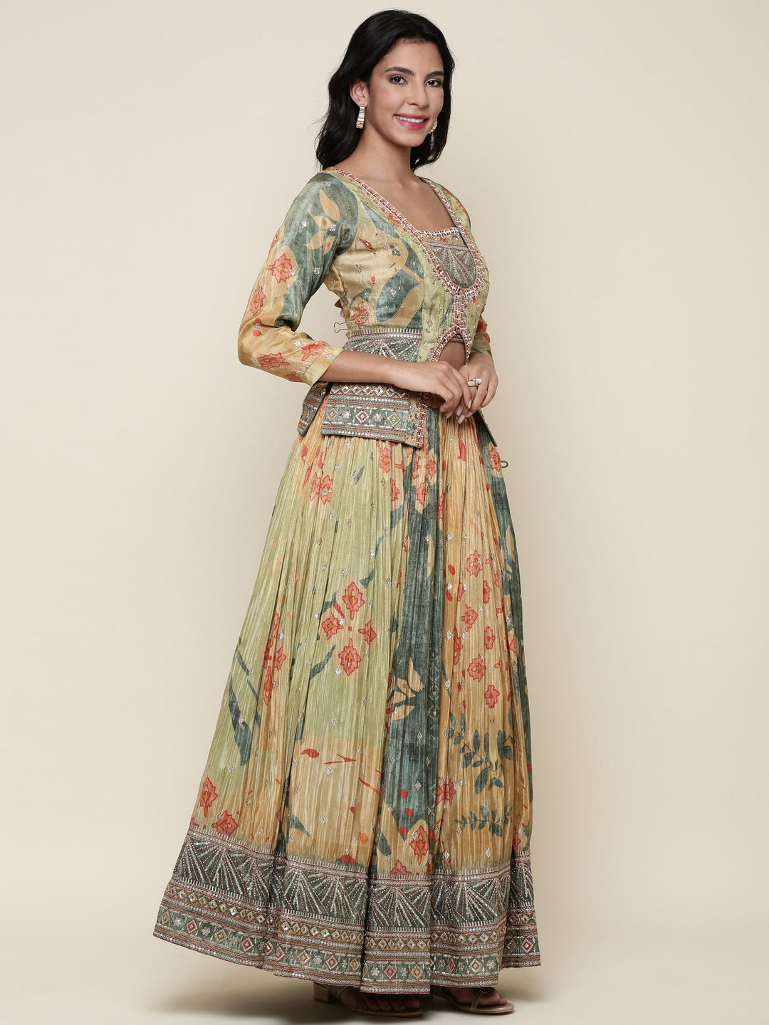 Neerus Green tissue embroidered lehenga jacket set - back view