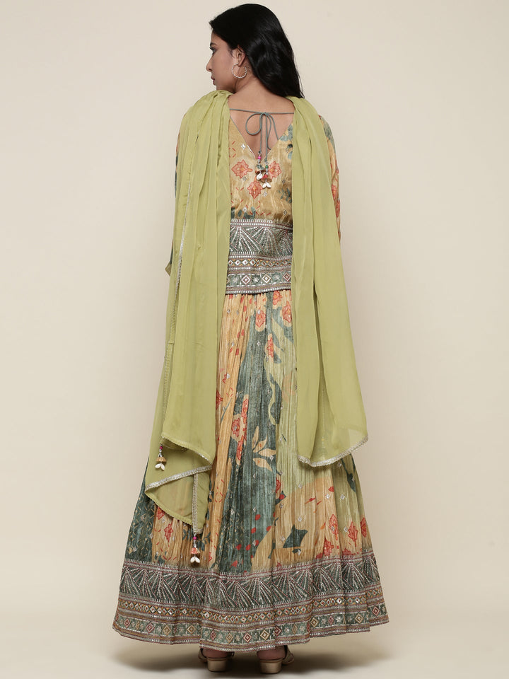 Green tissue embroidered jacket ghagra set