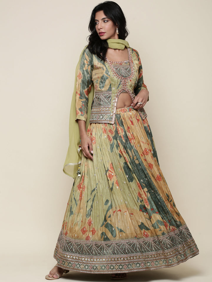 Neerus Green tissue embroidered lehenga jacket set - front view