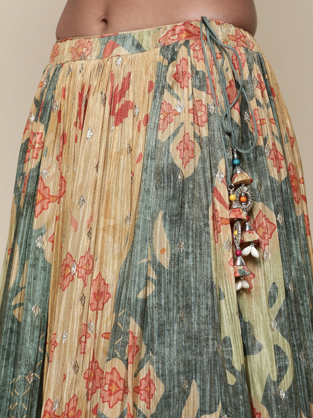 Neerus Green tissue embroidered lehenga jacket set - detail view 3