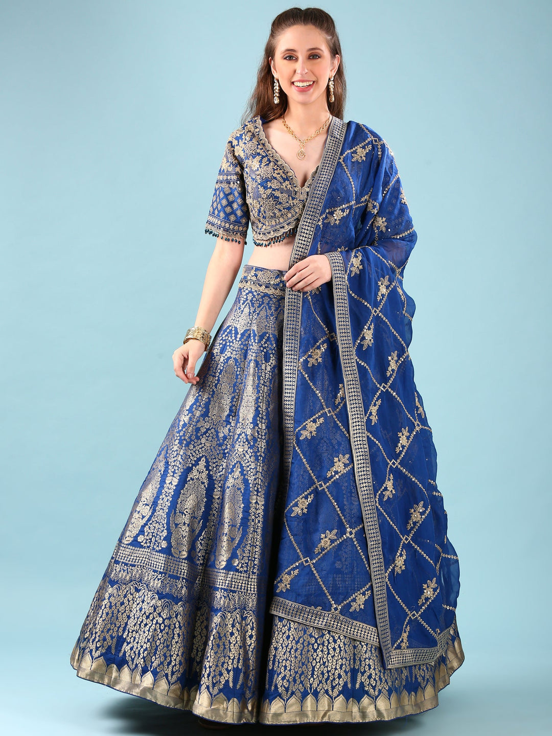 Neerus Blue silk hand embroidered lehenga set - front view