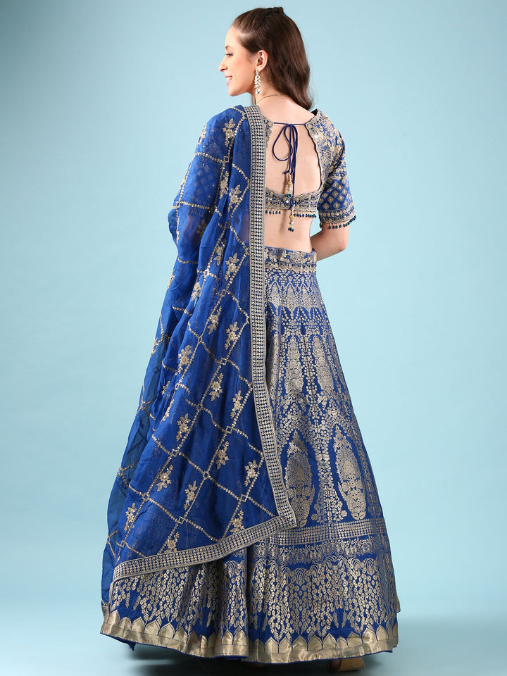 Neerus Blue silk hand embroidered lehenga set - side view