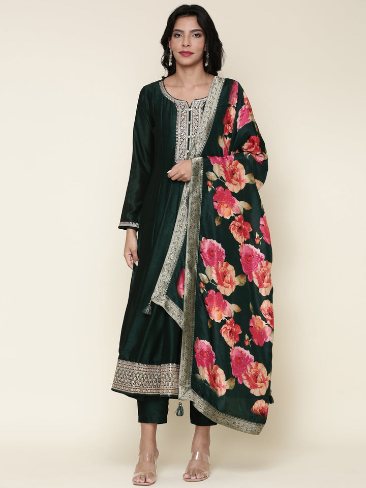 Bottle green silk anarkali embroidered three piece suit set