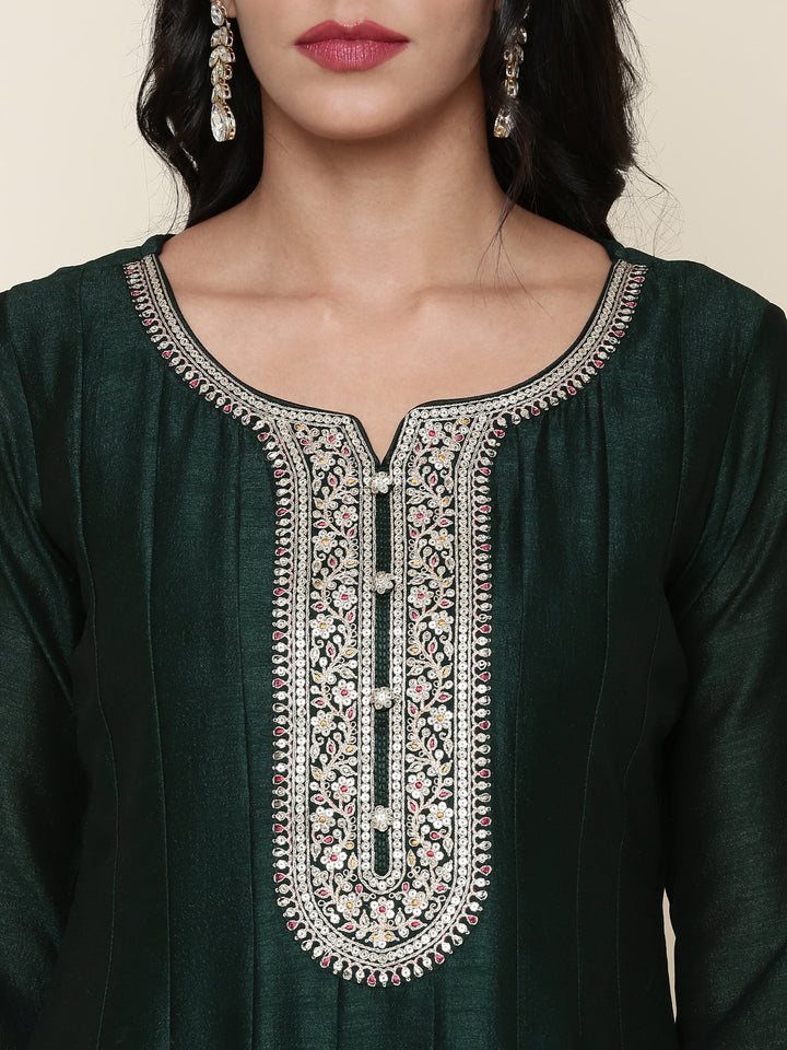 Neerus Green silk embroidered Anarkali suit set - detail view 2