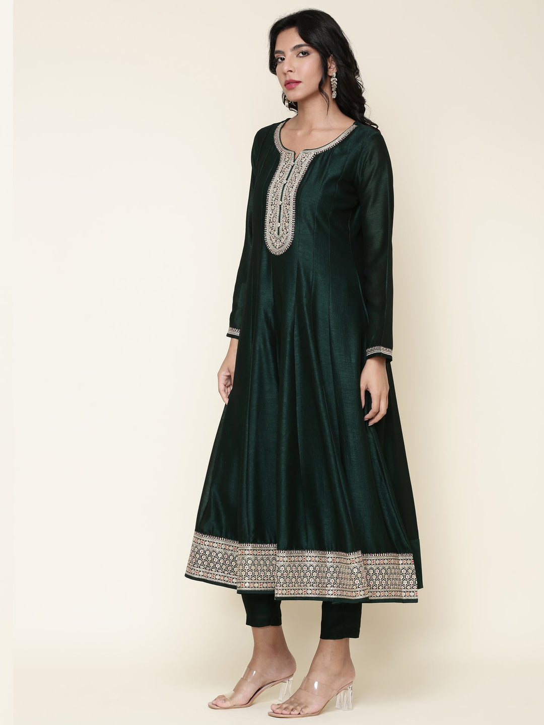 Neerus Green silk embroidered Anarkali suit set - side view