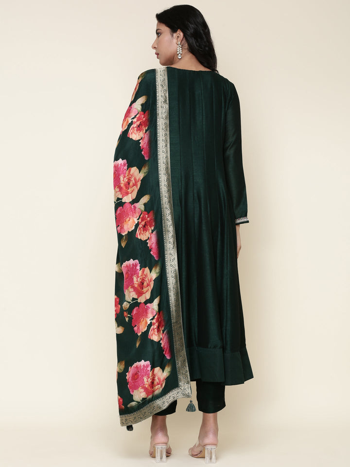 Neerus Green silk embroidered Anarkali suit set - detail view 1