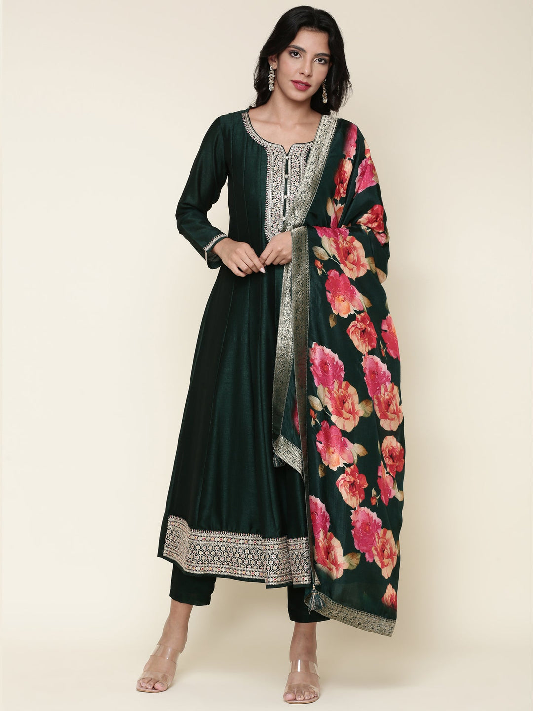 Neerus Green silk embroidered Anarkali suit set - front view