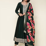 Bottle green silk anarkali embroidered three piece suit set