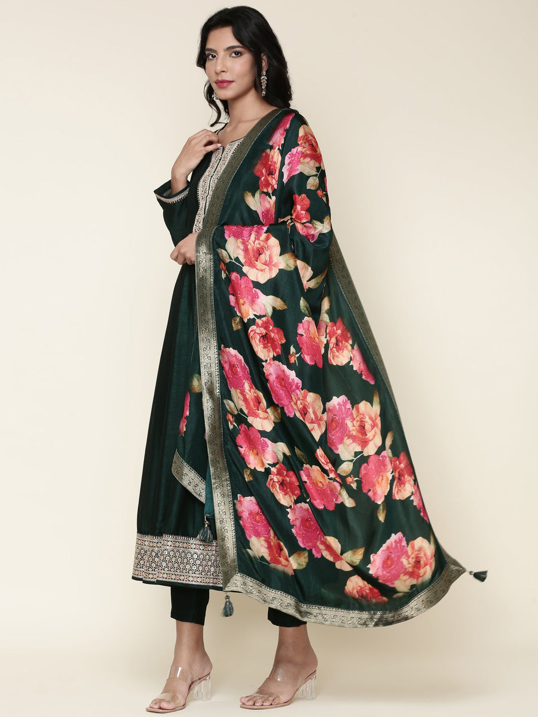 Neerus Green silk embroidered Anarkali suit set - detail view 3