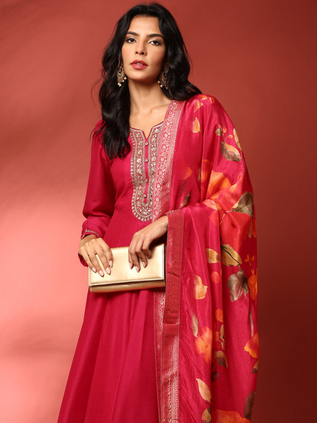 Neerus Pink silk embroidered Anarkali suit set - front view