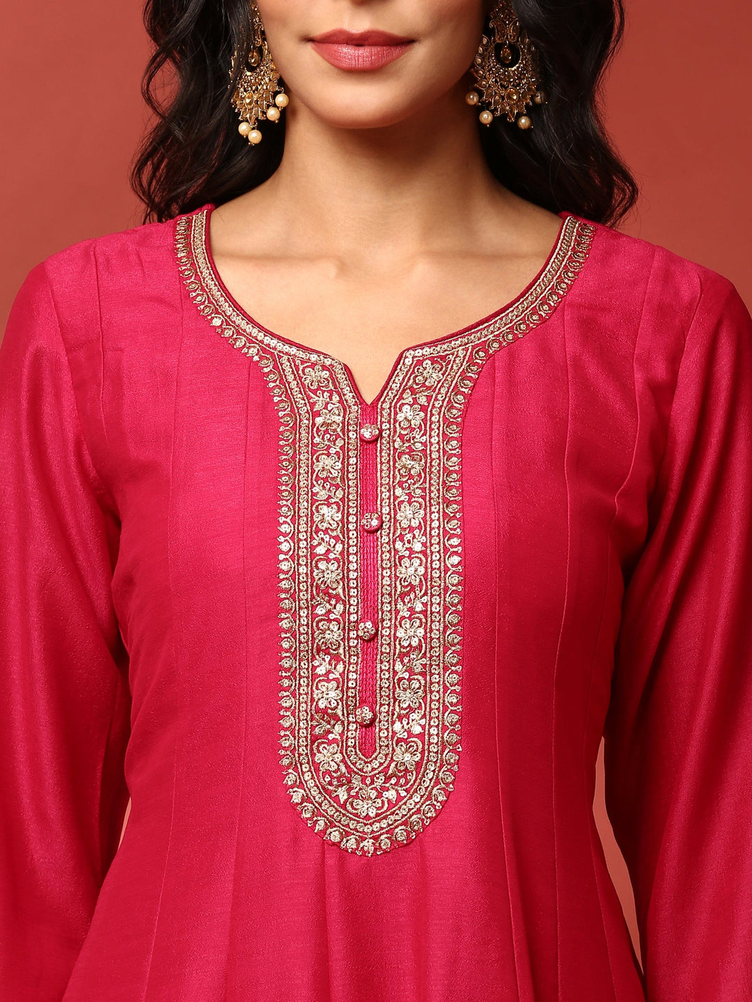 Neerus Pink silk embroidered Anarkali suit set - detail view 1