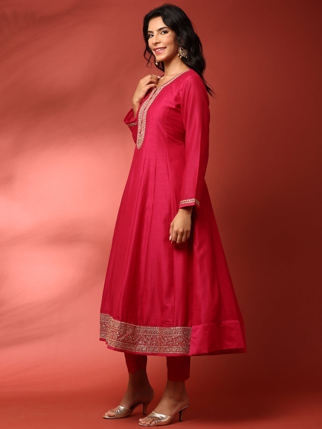 Neerus Pink silk embroidered Anarkali suit set - back view