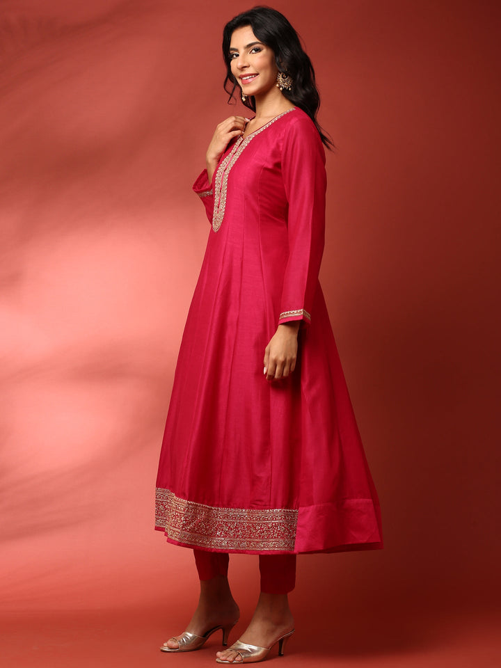Neerus Pink silk embroidered Anarkali suit set - back view