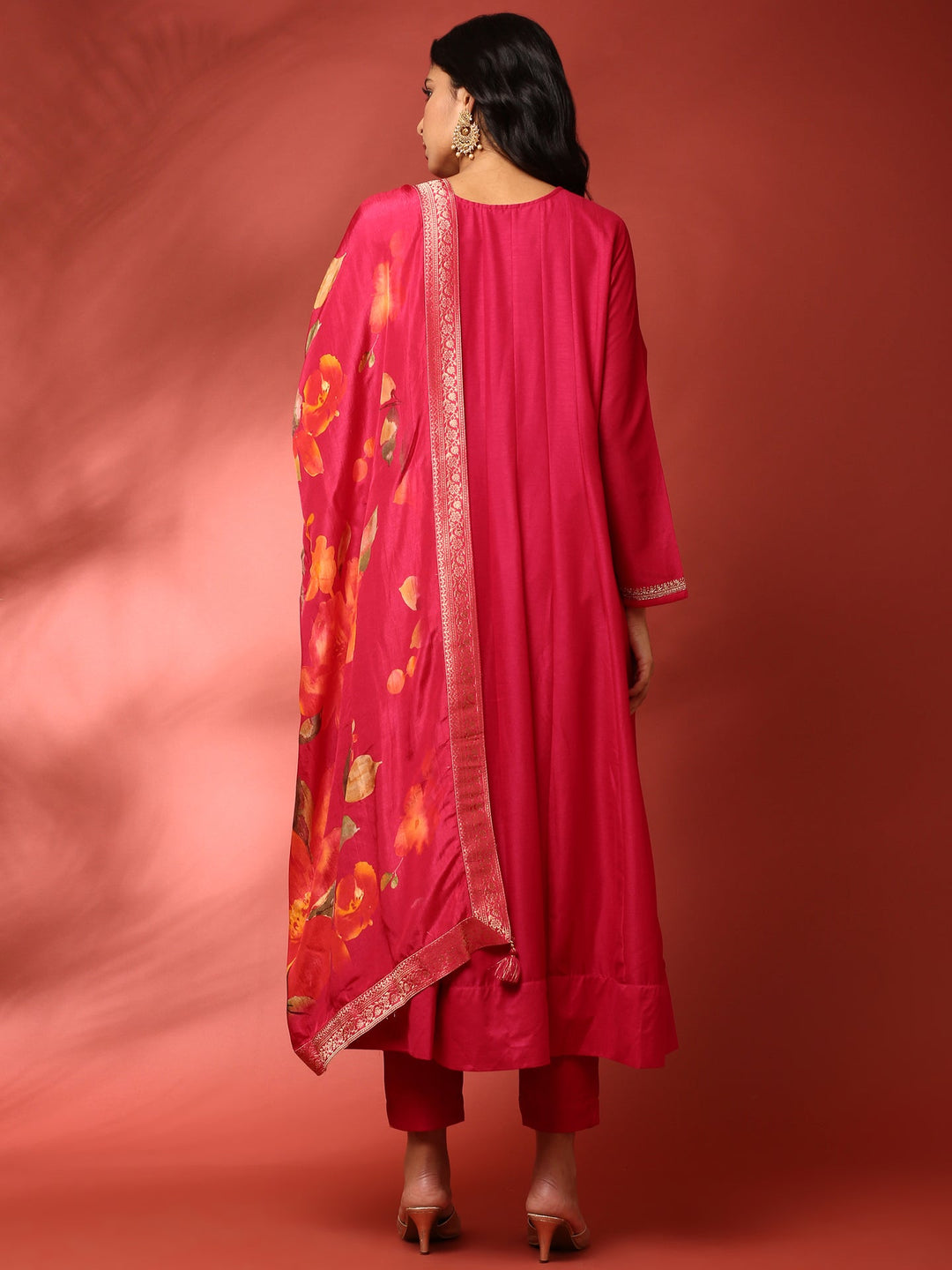 Neerus Pink silk embroidered Anarkali suit set - side view