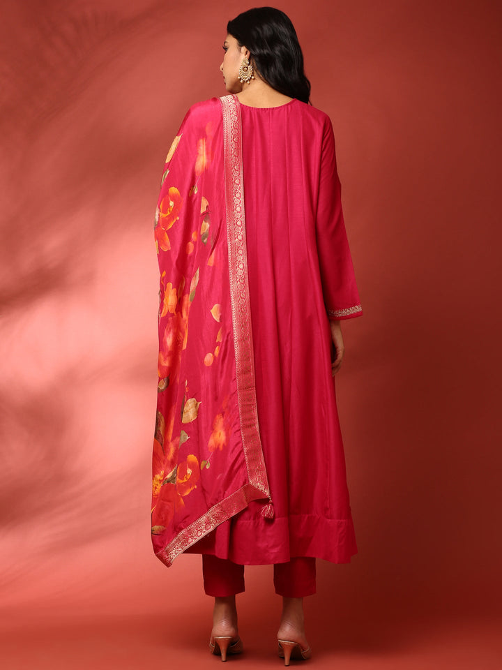 Neerus Pink silk embroidered Anarkali suit set - side view