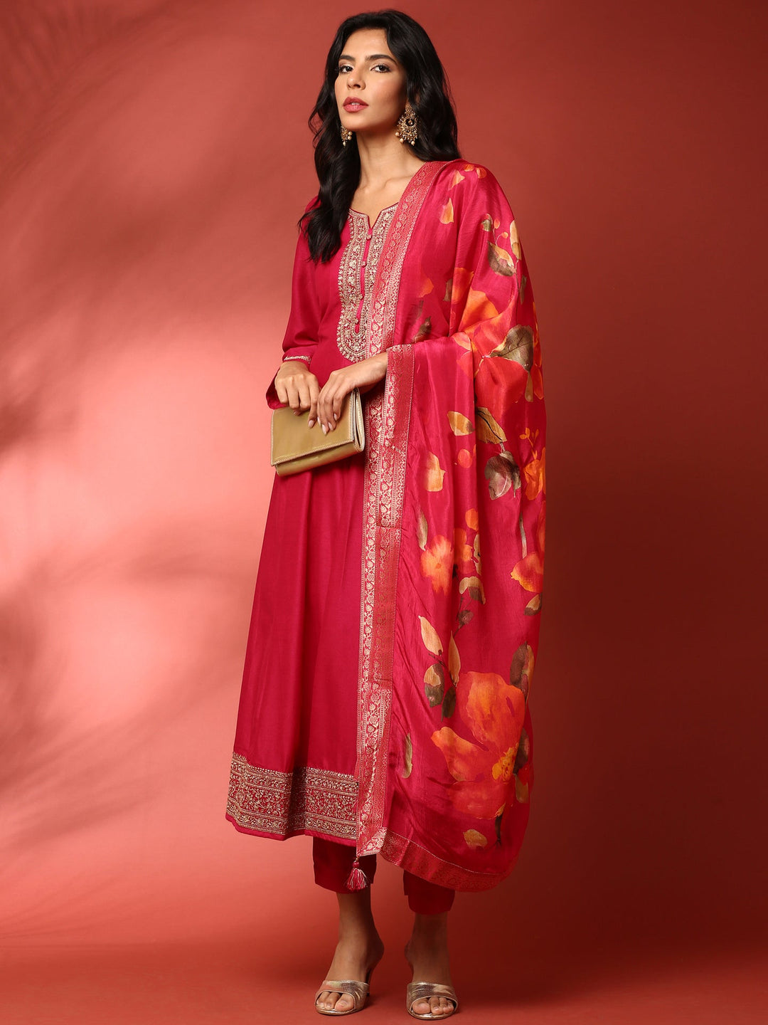 Neerus Pink silk embroidered Anarkali suit set - detail view 2