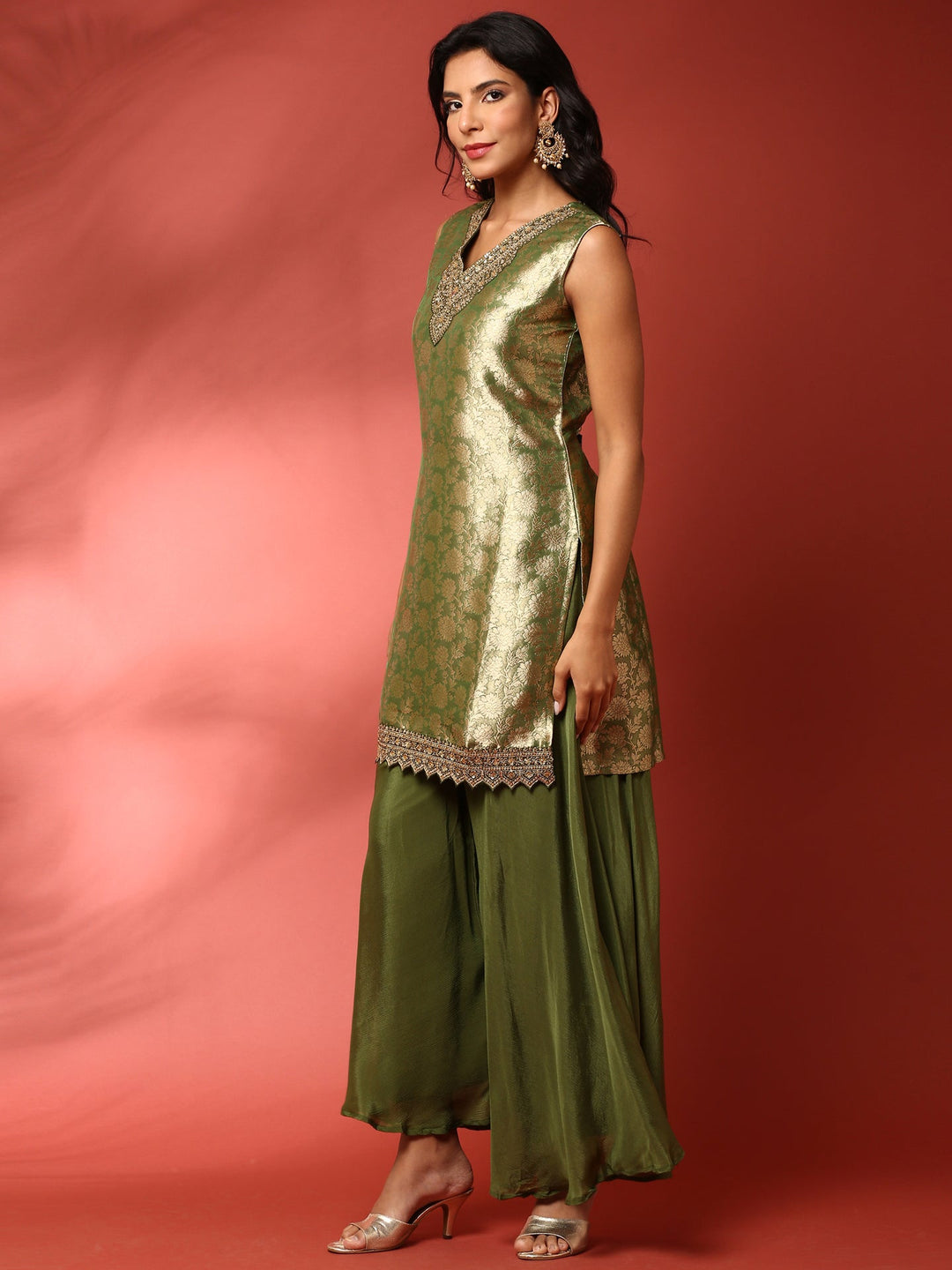Neerus Green Banarasi embroidered suit set - back view