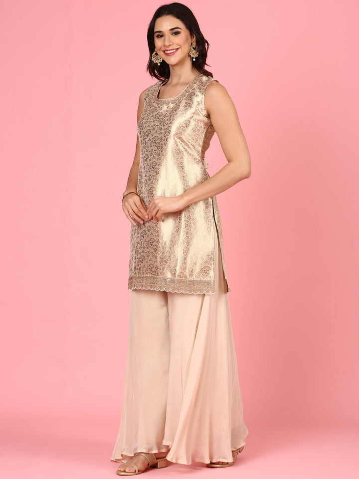 Beige Banaras short kurta and palazoo Three piece set