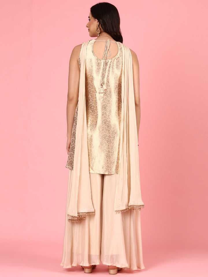 Beige Banaras short kurta and palazoo Three piece set
