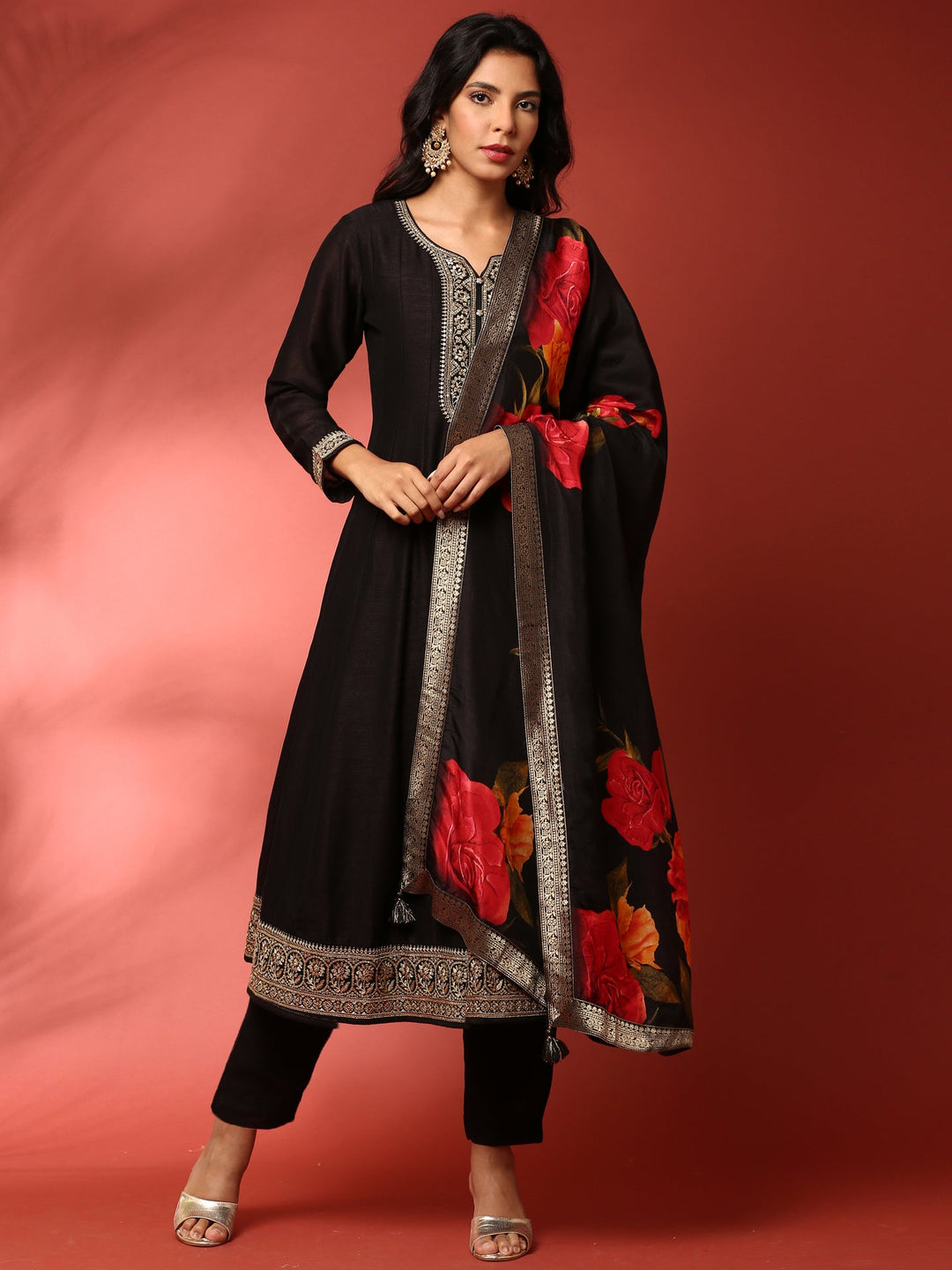 Neerus Black silk hand embroidered anarkali suit set - front view