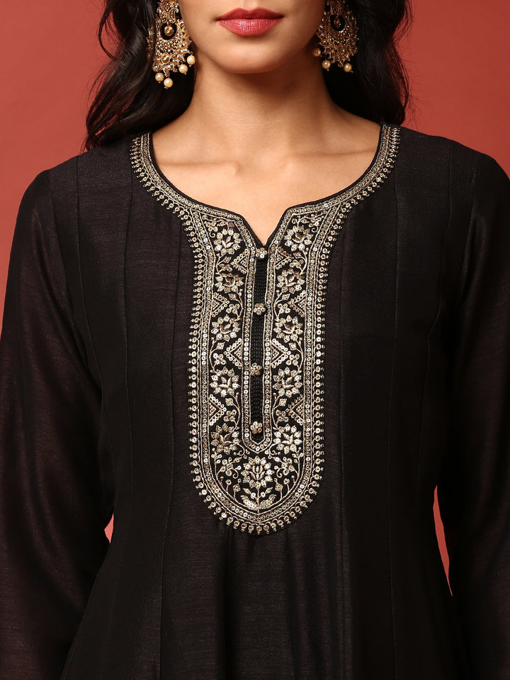 Black Vichitra silk aari embroidered three piece anarkali set