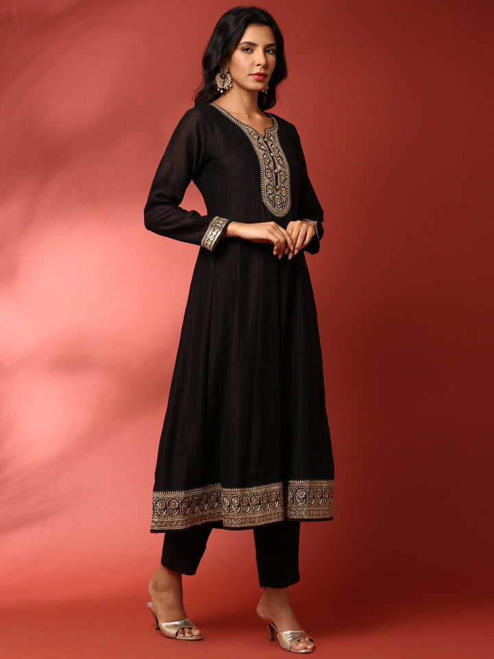 Black Vichitra silk aari embroidered three piece anarkali set