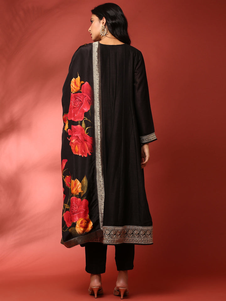 Black Vichitra silk aari embroidered three piece anarkali set