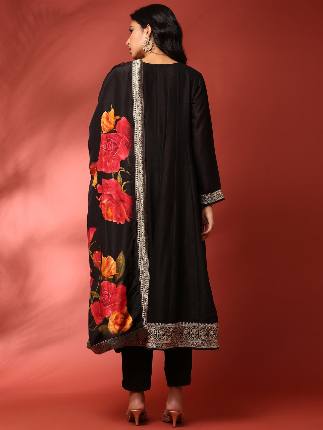 Neerus Black silk hand embroidered anarkali suit set - side view