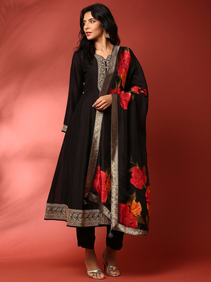 Black Vichitra silk aari embroidered three piece anarkali set