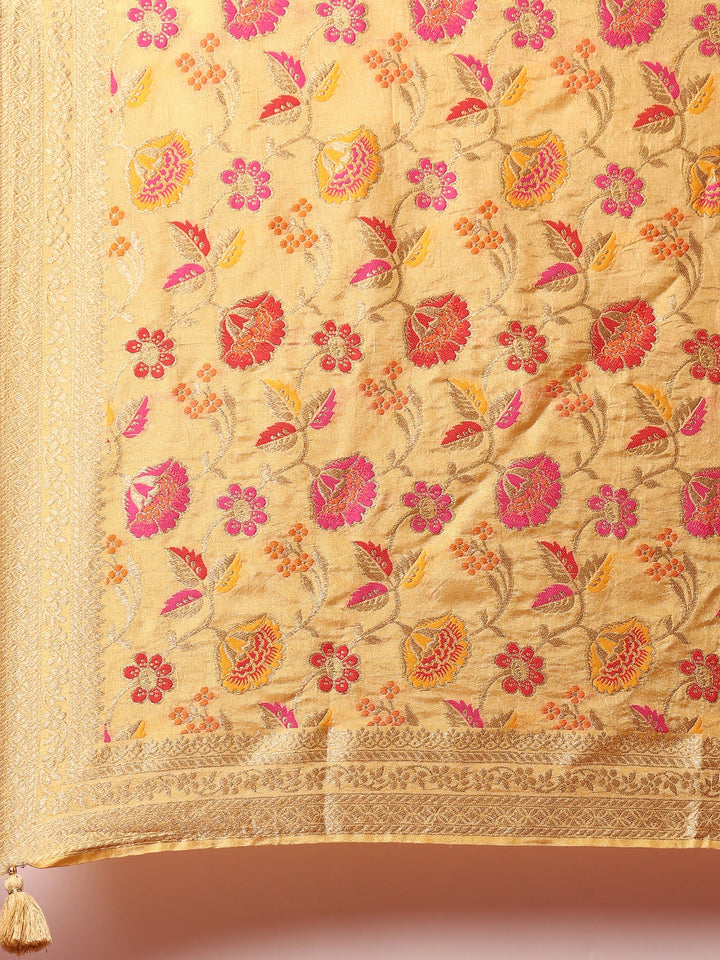 Yellow silk embroidered Three piece anarkali set