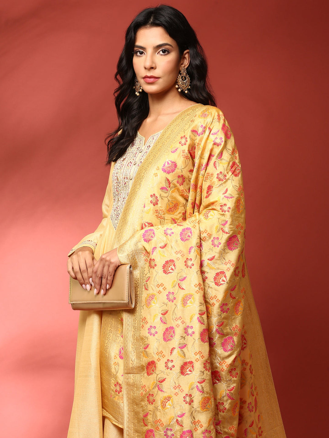 Neerus Yellow silk embroidered anarkali suit set - back view