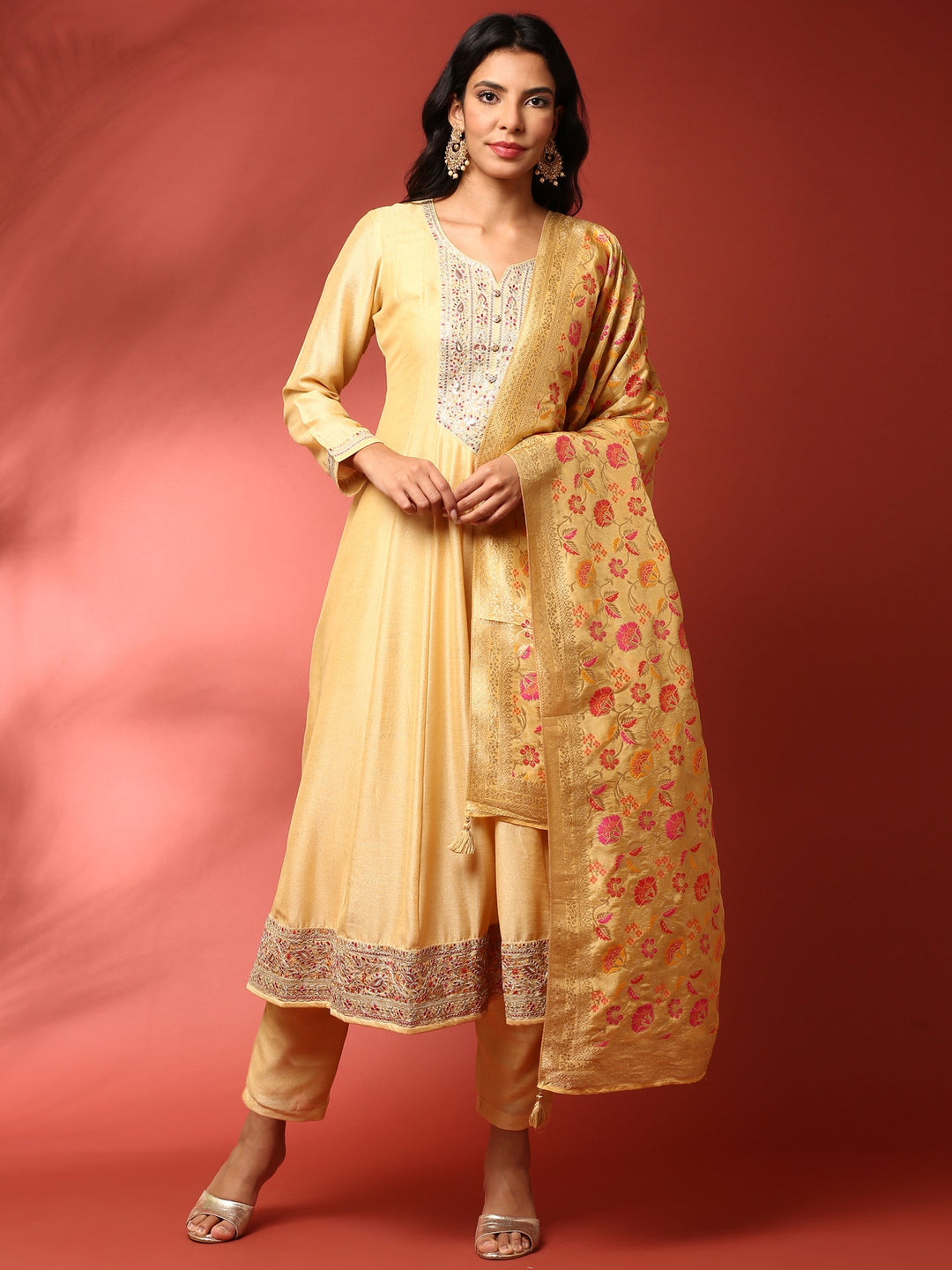 Neerus Yellow silk embroidered anarkali suit set - front view
