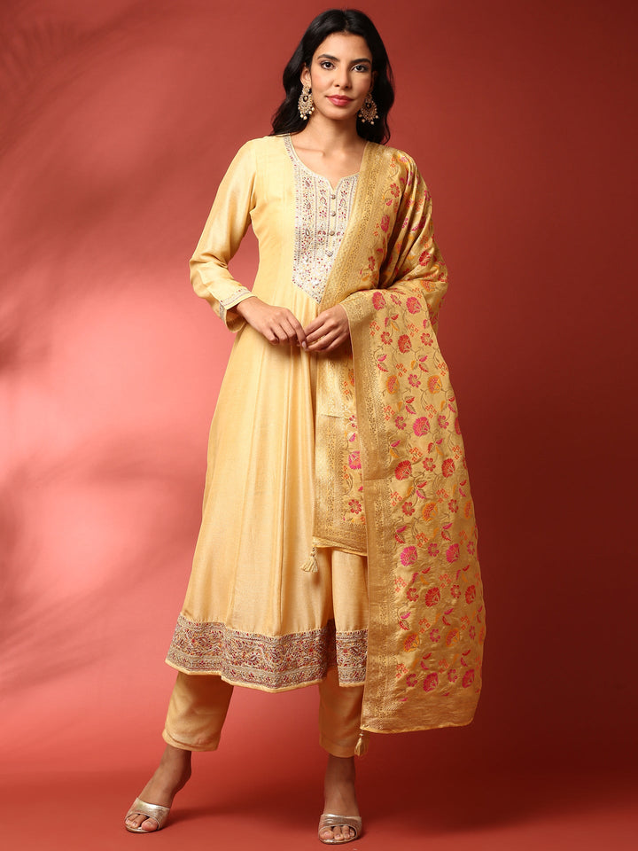 Neerus Yellow silk embroidered anarkali suit set - front view