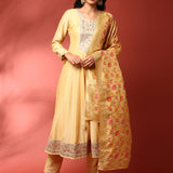Yellow silk embroidered Three piece anarkali set