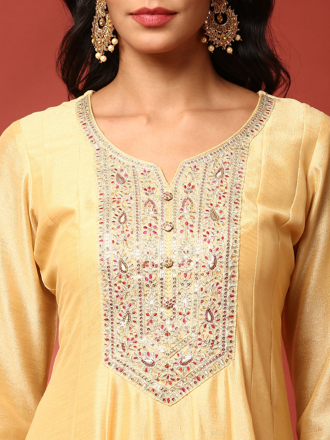 Neerus Yellow silk embroidered anarkali suit set - detail view 2