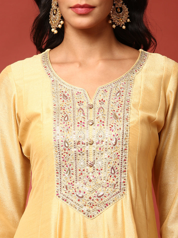Neerus Yellow silk embroidered anarkali suit set - detail view 2