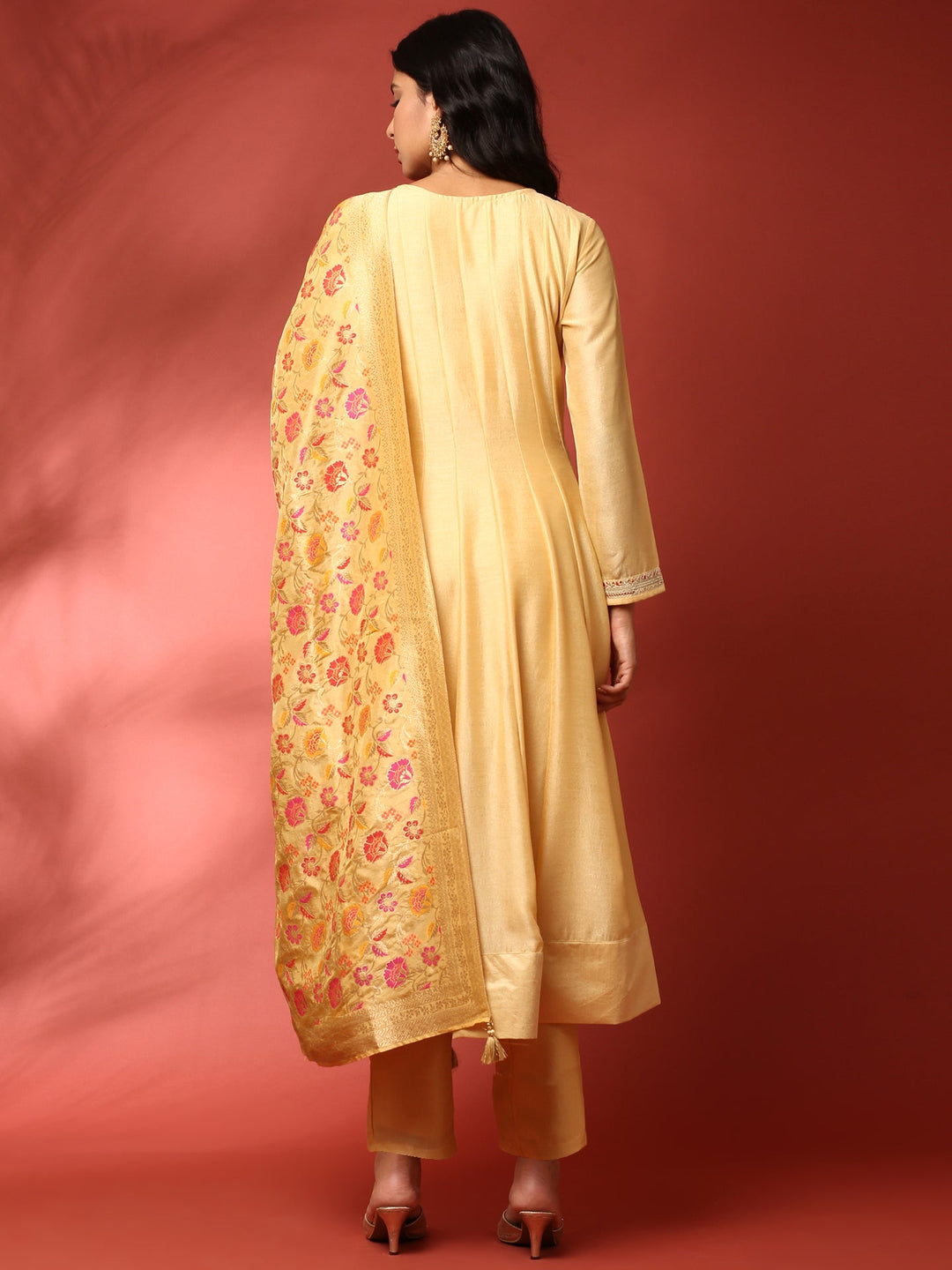 Neerus Yellow silk embroidered anarkali suit set - detail view 1