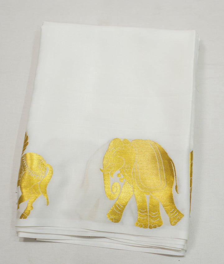 Off White Chapa Silk Gold Zari With Elephant And Unicorn Design