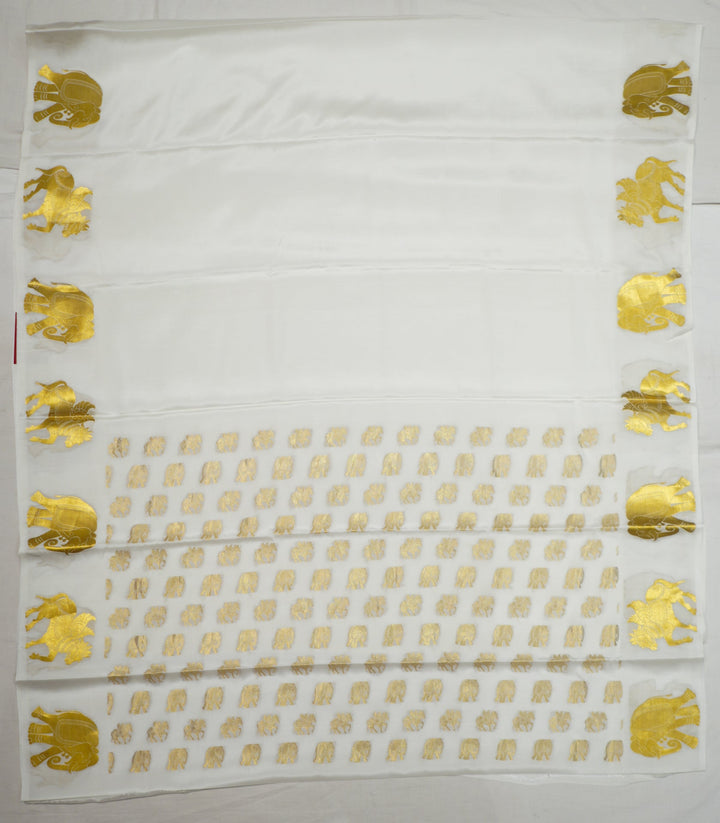 Off White Chapa Silk Gold Zari With Elephant And Unicorn Design