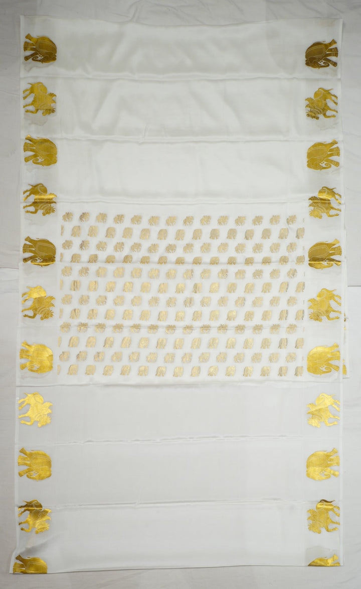 Off White Chapa Silk Gold Zari With Elephant And Unicorn Design